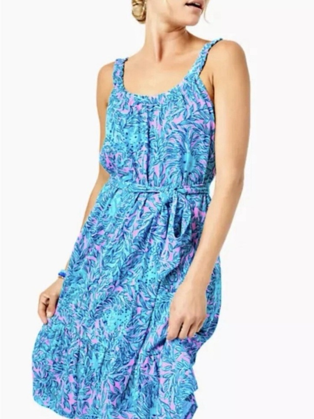 Lilly Pulitzer Blue & Pink Tropical Leaf Tank Dress